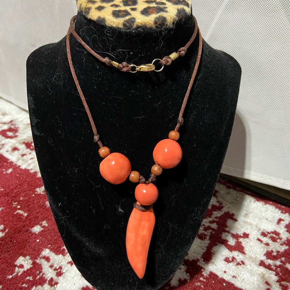 Earthy Orange Round and Pod Bead Shape Pendant Necklace Brown Cord Boho
